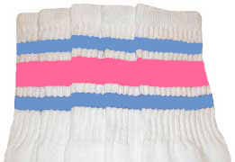White Tube Socks with Baby Blue and Bubblegum Pink Stripes
