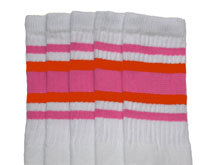 White Tube Socks with Bubblegum Pink and Orange Stripes