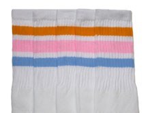 White Tube Socks with Gold/Baby Pink/Baby Blue Stripes