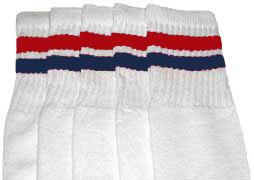 White Tube Socks with Red and Royal Blue Stripes 