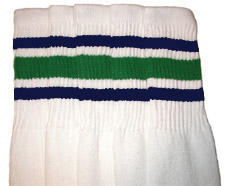 White Tube Socks with Royal Blue and Green Stripes