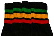 Kids Black Tube Socks with Green Gold and Red Rasta Stripes