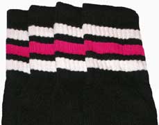 Kids Black  Tube Socks with White and Hot Pink Stripes
