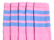 Knee High Baby Pink Tube Socks with Baby Blue Stripes