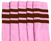 Knee High Baby Pink Tube Socks with Dark Brown Stripes