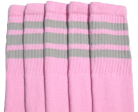 Knee High Baby Pink Tube Socks with Grey Stripes