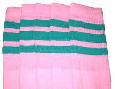 Knee High Baby Pink Tube Socks with Teal Stripes