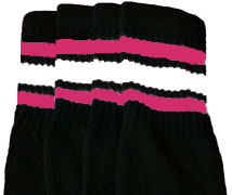 Knee High Black Tube Socks with Bubblegum Pink and White Stripes