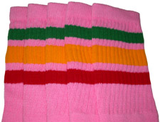 Knee High Bubblegum Pink Tube Socks with Green Gold Red Rasta Stripes