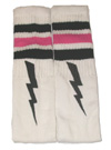 Knee High Lighting Bolt White Tube Socks with Black and Bubblegum Pink Stripes