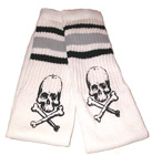 Knee High Skull and Bones White Tube Socks with Black and Grey Stripes