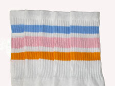 Knee High White Tube Socks with Baby Blue Baby Pink and Gold Stripes