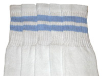 Knee High White Tube Socks with Baby Blue Stripes 
