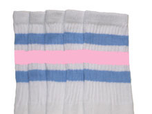 Knee High White Tube Socks with Baby Blue and Baby Pink Stripes