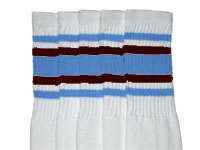 Knee High White Tube Socks with Baby Blue and Dark Brown Stripes