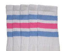 Knee High White Tube Socks with Baby Blue and Bubblegum Pink Stripes