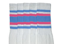 Knee High White Tube Socks with Baby Blue and Bubblegum Pink Stripes