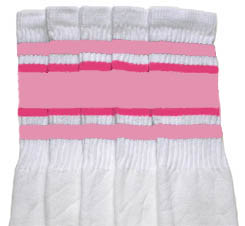 Knee High White Tube Socks with Baby Pink and Bubblegum Pink Stripes 