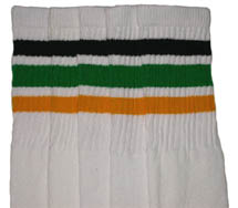 Knee High White Tube Socks with Black  Green and Gold Stripes
