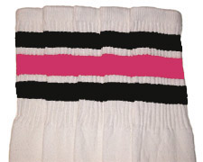 Knee High White Tube Socks with Black and Bubblegum Pink Stripes