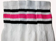 Knee High White Tube Socks with Black and Bubblegum Pink Stripes 