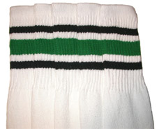 Knee High White Tube Socks with Black and Green Stripes 