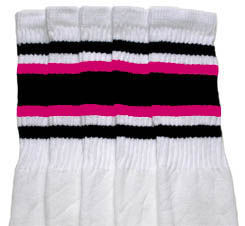 Knee High White Tube Socks with Black and Hot Pink Stripes