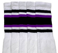 Knee High White Tube Socks with Black and Purple Stripes