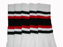 Knee High White Tube Socks with Black and Red Stripes 