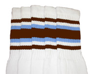 Knee High White Tube Socks with Dark Brown and Baby Blue Stripes