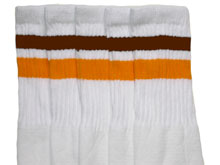 Knee High White Tube Socks with Dark Brown and Gold Stripes