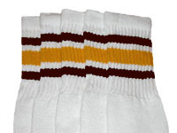 Knee High White Tube Socks with Dark Brown and Gold Stripes