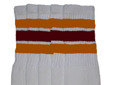 Knee High White Tube Socks with Gold and Maroon Stripes 