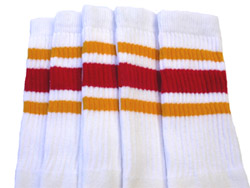 Knee High White Tube Socks with Gold and Red Stripes