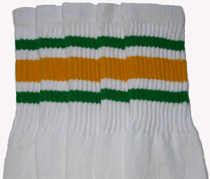 Knee High White Tube Socks with Green and Gold Stripes 