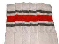 Knee High White Tube Socks with Grey and Orange Stripes