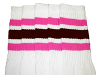 Knee High White Tube Socks with Hot Pink and Dark Brown Stripes