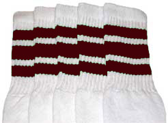 Knee High White Tube Socks with Maroon Stripes