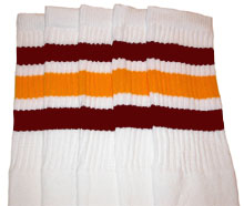 Knee High White Tube Socks with Maroon and Gold Stripes