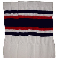 Knee High White Tube Socks with Navy Blue and Red Stripes