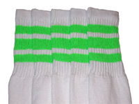 Knee High White Tube Socks with Neon Green Stripes 