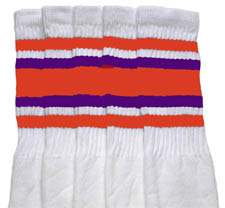 Knee High White Tube Socks with Orange and Purple Stripes