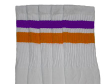 Knee High White Tube Socks with Purple and Gold Stripes