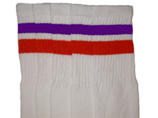 Knee High White Tube Socks with Purple and Orange Stripes