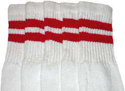 Knee High White Tube Socks with Red Stripes