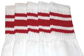 Knee High White Tube Socks with Red Stripes