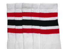 Knee High White Tube Socks with Red and Black Stripes