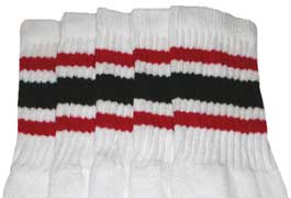 Knee High White Tube Socks with Red and Black Stripes 