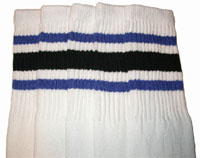 Knee high white tube socks with Royal Blue and Black Stripes