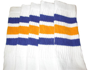 Knee High White Tube Socks with Royal Blue and Gold Stripes